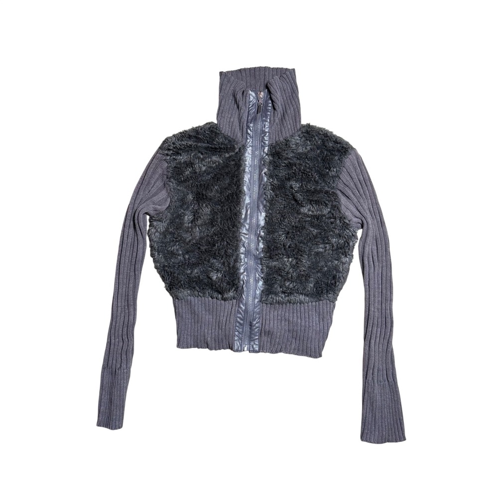 Last Kiss Women Gray Faux Fur Ribbed Knit Zip Up Mock Neck Sweater